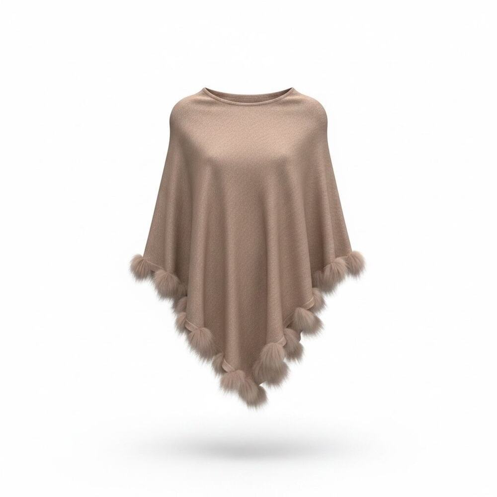 NWTGS DANA STEIN ROSE GOLD RABBIT POM POMS FUR TRIM PONCHO SZ OS $149